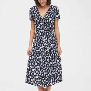 Gap Wrap Front Dress Short Sleeve Midi - Floral Navy Blue/White  X-Small